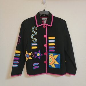Indigo Moon Women’s Artsy Abstract Appliqué Embroidered Button Lined Jacket Sz S
